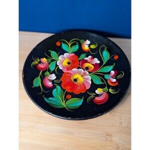 Vtg Petrykivka Floral Lacquer Wood Plate Hand Painted USSR Ukrainian Folk Art